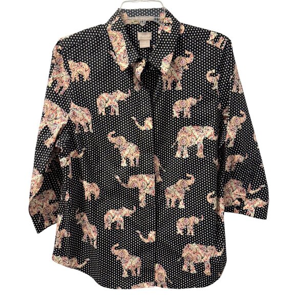 Chicos Black & White Paisley Elephant Print Button-Up Shirt Size 10 blouse - Picture 1 of 12